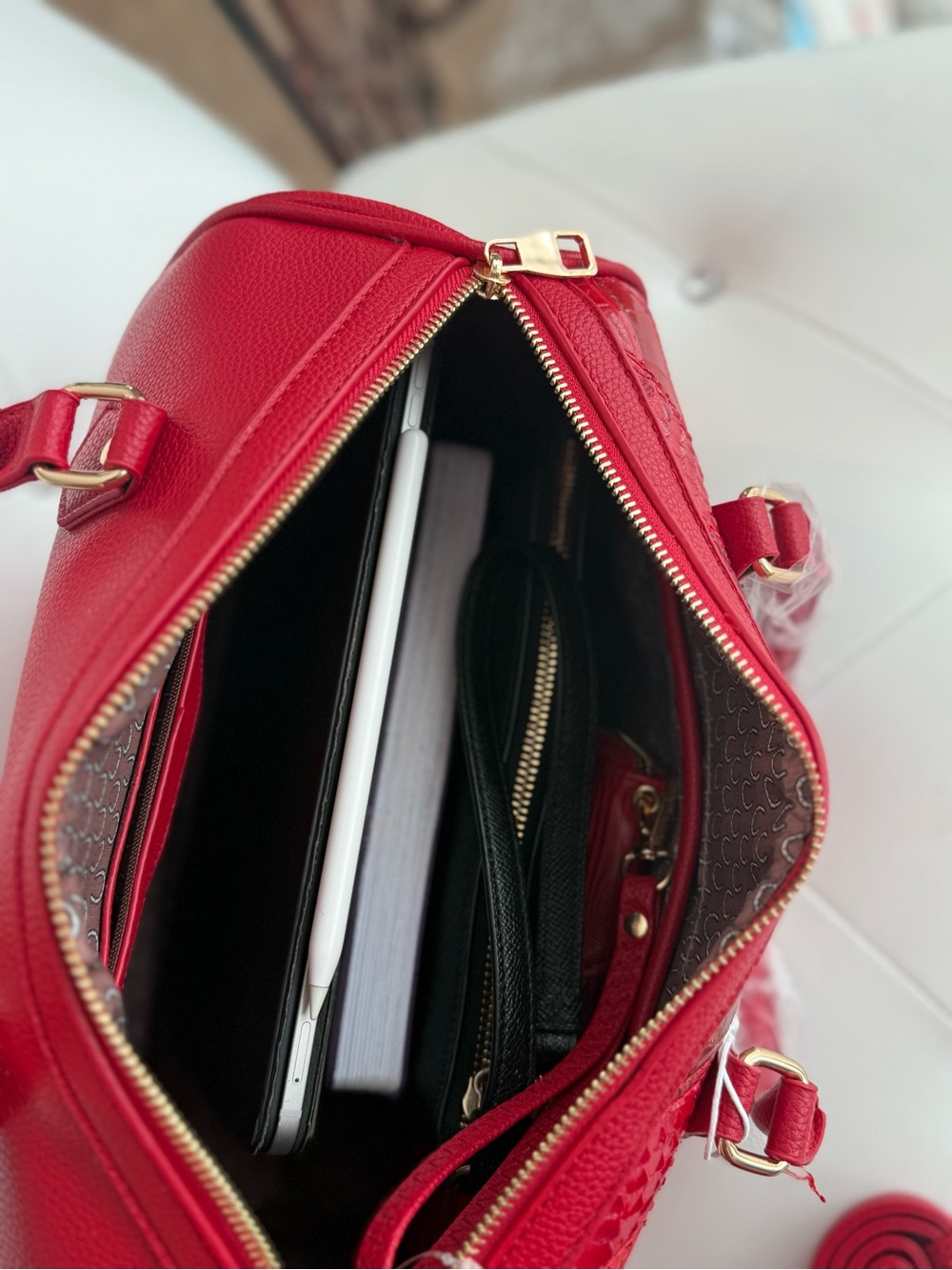 Designer-Inspired Red Patchwork Satchel | Includes Matching Wallet - Picture 11 of 15